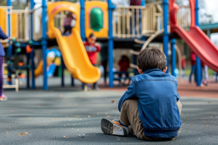 Child sitting on pavement alone on playground with knees to his chest.